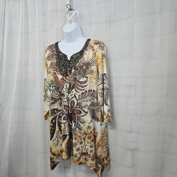 Simply Emma Blouse Grunge Whimsigoth Retro Floral Beaded Brown Green 1X - Picture 6 of 12
